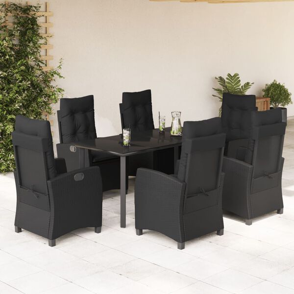 vidaXL 7 pcs conjunto de jantar p/ jardim c/ almofad&otilde;es vime PE preto