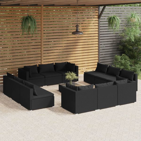 vidaXL 13 pcs conjunto lounge de jardim c/ almofad&otilde;es vime PE preto