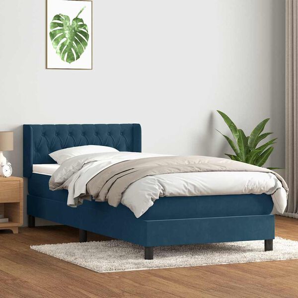 vidaXL Cama com molas/colch&atilde;o 100x220 cm veludo azul-escuro