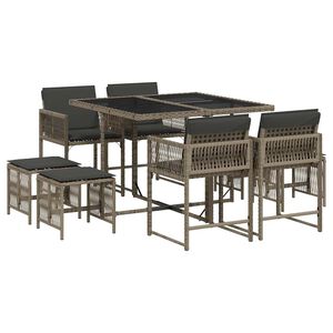 vidaXL 9 pcs conjunto de jantar p/ jardim c/ almofad&otilde;es vime PE cinza