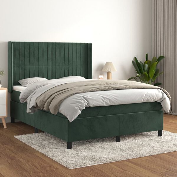 vidaXL Cama com molas/colch&atilde;o 140x190 cm veludo verde-escuro