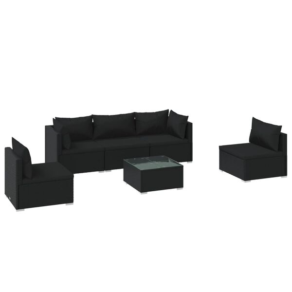 vidaXL 6 pcs conjunto lounge de jardim c/ almofadões vime PE preto