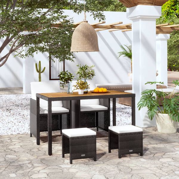 vidaXL 5 pcs conjunto jantar p/ exterior vime e madeira acácia preto