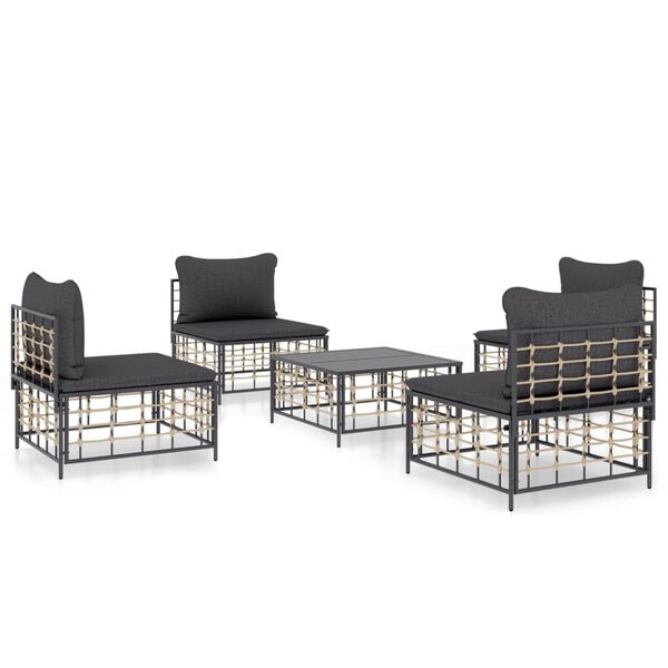vidaXL 5 pcs conjunto lounge de jardim c/ almofadões vime PE antracite