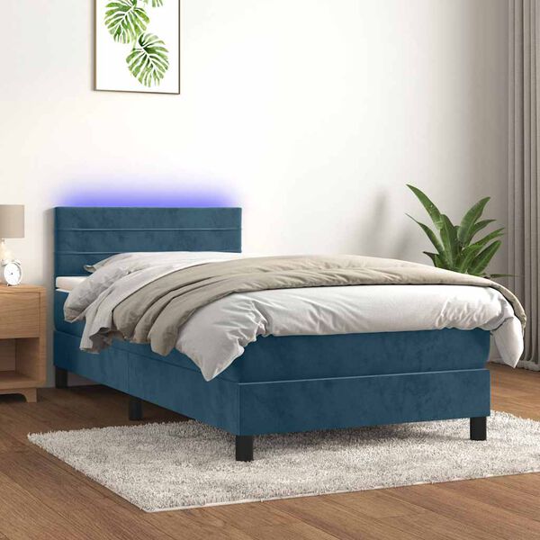 vidaXL Cama box spring c/ colch&atilde;o/LED 80x200 cm veludo azul-escuro