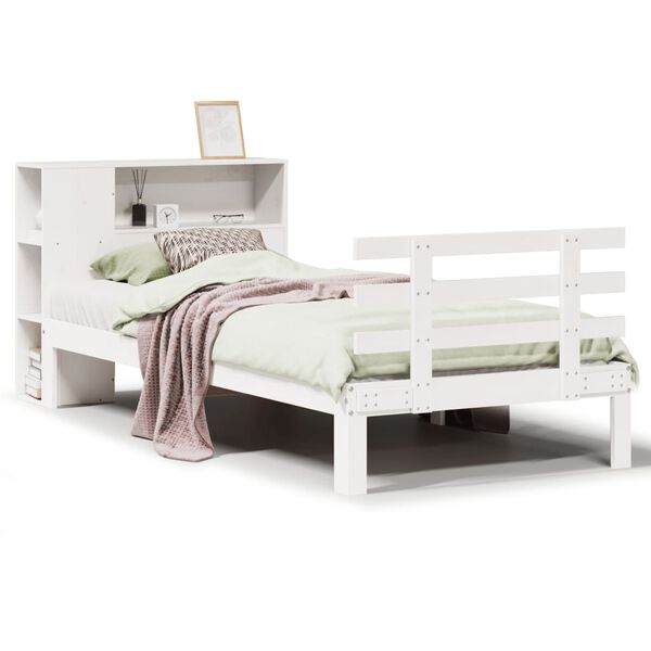 vidaXL Cama com estante sem colch&atilde;o 90x190 cm pinho maci&ccedil;o branco