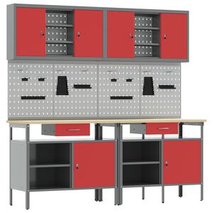 vidaXL Conjunto de bancada de trabalho 8 unid. Vermelho e Cinza