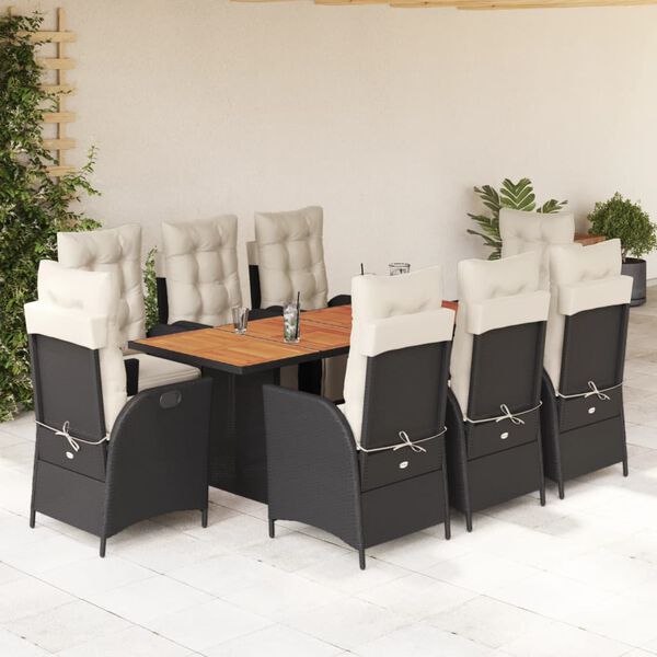 vidaXL 9 pcs conjunto de jantar p/ jardim c/ almofad&otilde;es vime PE preto
