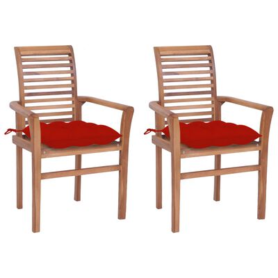 vidaXL Cadeiras de jantar c/ almofadões vermelhos 2 pcs teca maciça