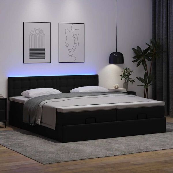 vidaXL Cama otomana com colchões&LEDs 160x200cm couro artificial preto