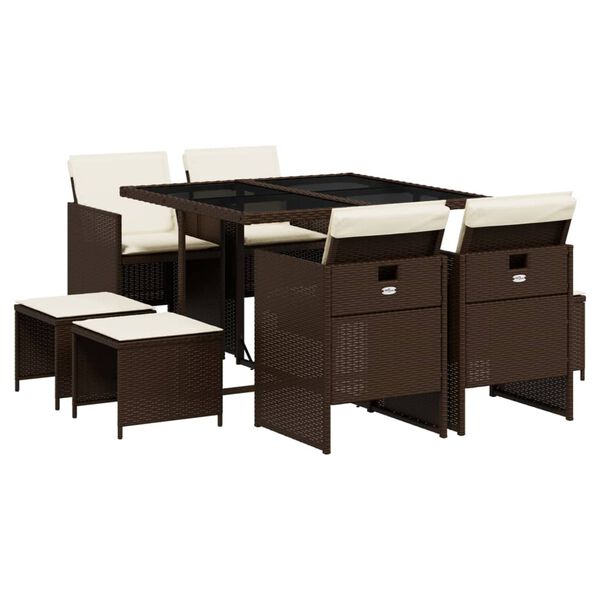 vidaXL 9 pcs conjunto jantar p/ jardim c/ almofad&otilde;es vime PE castanho