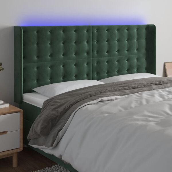 vidaXL Cabeceira de cama c/ LED veludo 163x16x118/128 cm verde-escuro