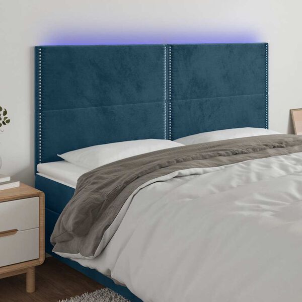 vidaXL Cabeceira cama c/ luzes LED veludo 160x5x118/128cm azul-escuro