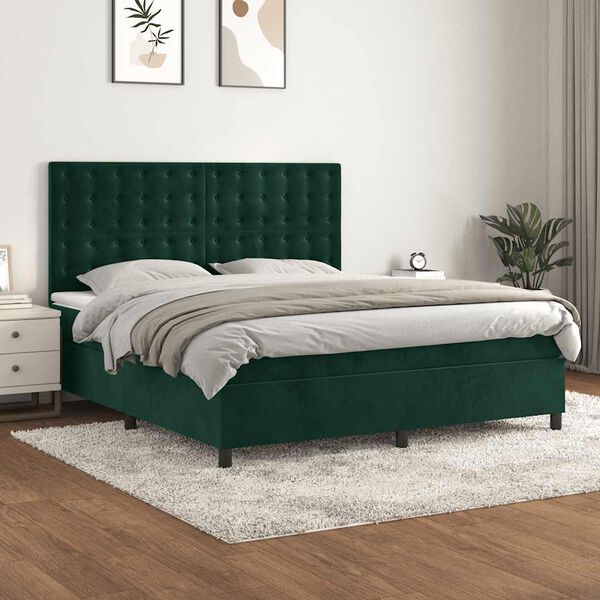 vidaXL Cama com molas/colch&atilde;o 160x200 cm veludo verde-escuro