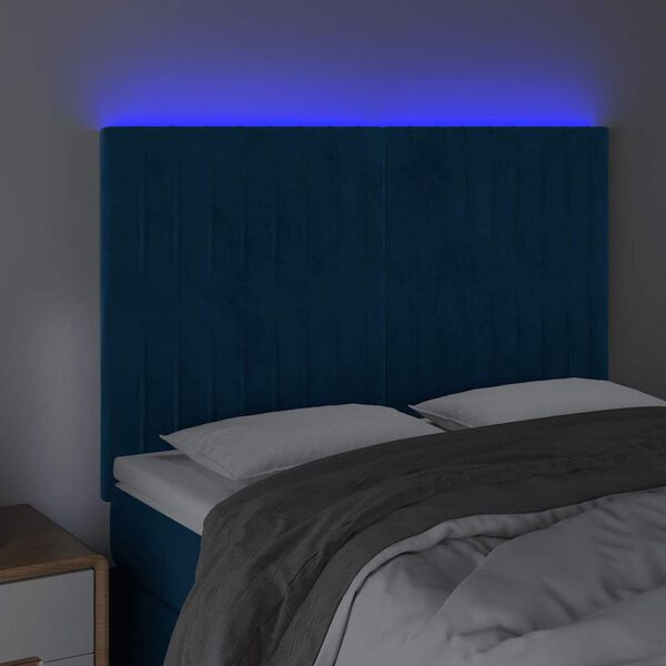 vidaXL Cabeceira cama c/ luzes LED veludo 144x5x118/128cm azul-escuro