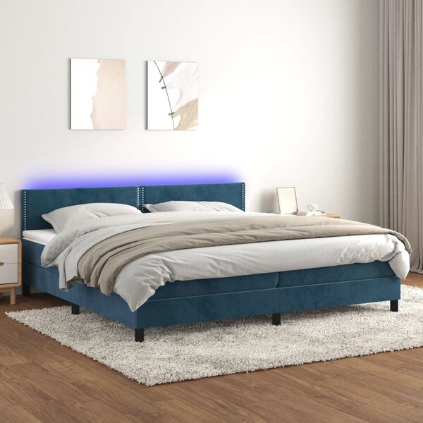 vidaXL Cama box spring c/ colch&atilde;o/LED 200x200 cm veludo azul-escuro