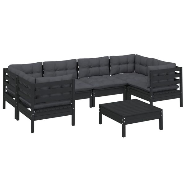 vidaXL 7 pcs conjunto lounge de jardim c/ almofadões pinho preto