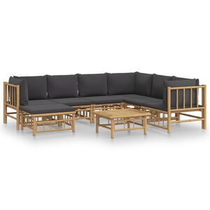 vidaXL 8pcs conj. lounge de jardim bambu c/ almofad&otilde;es cinzento-escuro