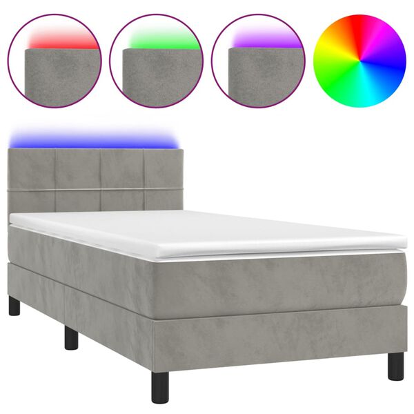 vidaXL Cama box spring c/ colch&atilde;o/LED 90x190 cm veludo cinzento-claro