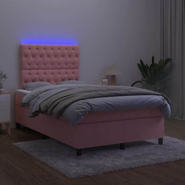 vidaXL Cama box spring c/ colch&atilde;o/LED 120x200 cm veludo rosa