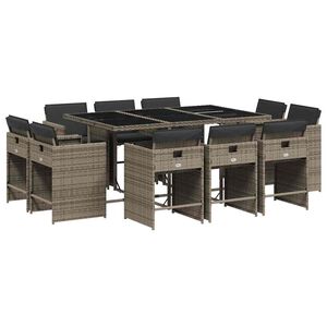 vidaXL 11 pcs conjunto jantar p/ jardim c/ almofad&otilde;es vime PE cinzento