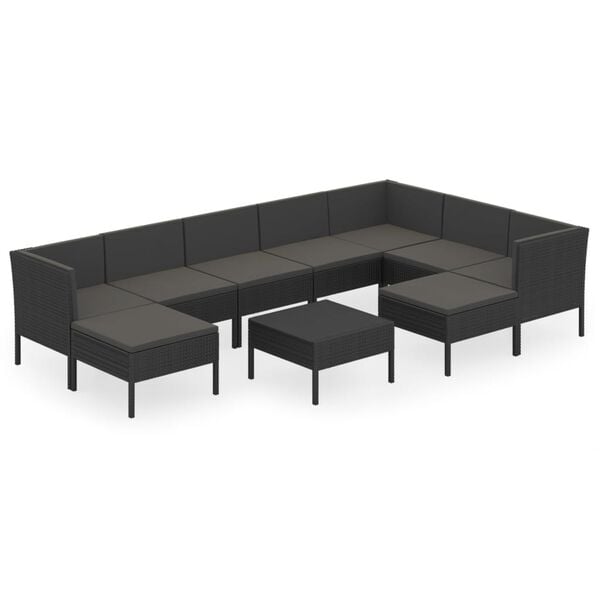 vidaXL 10 pcs conjunto lounge de jardim c/ almofad&otilde;es vime PE preto