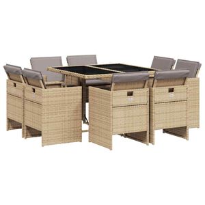 vidaXL 9 pcs conj. jantar jardim c/ almofad&otilde;es vime PE bege misturado
