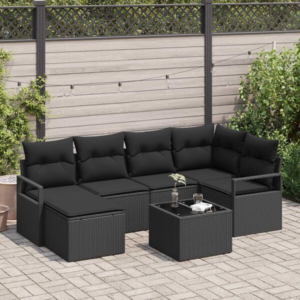vidaXL Conjunto de Sof&aacute;s com almofada 7 pcs Preto vime PE