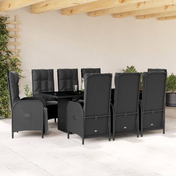 vidaXL 9 pcs conjunto de jantar p/ jardim c/ almofad&otilde;es vime PE preto