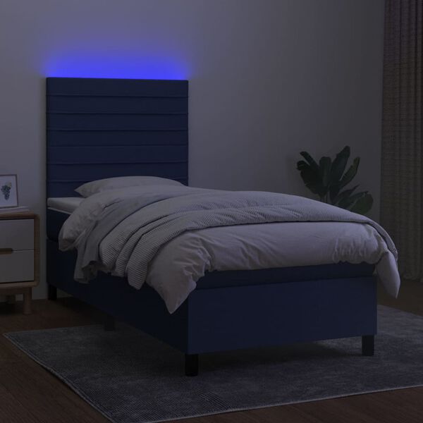 vidaXL Cama box spring c/ colch&atilde;o e LED 90x200 cm tecido azul
