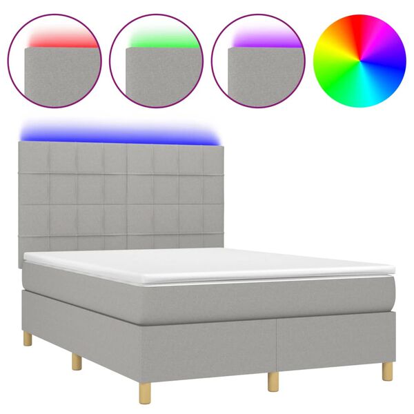 vidaXL Cama box spring c/ colch&atilde;o e LED 140x200 cm tecido cinza-claro