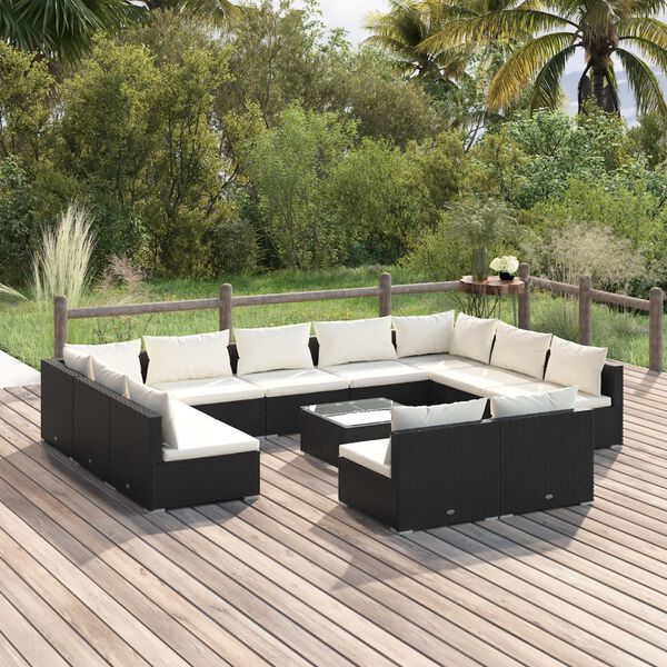 vidaXL 12 pcs conjunto lounge de jardim c/ almofad&otilde;es vime PE preto