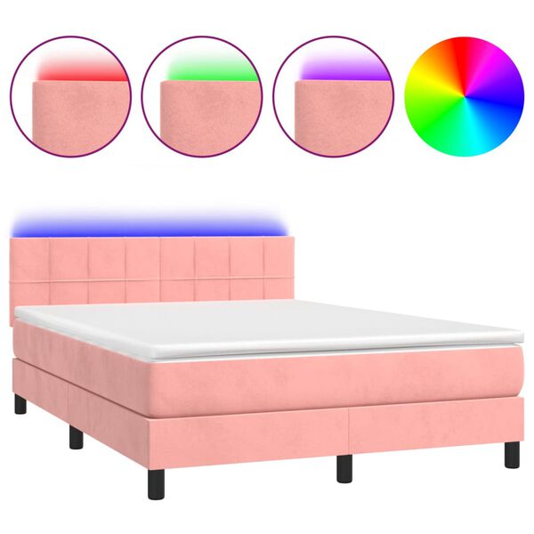 vidaXL Cama box spring c/ colch&atilde;o/LED 140x190 cm veludo rosa