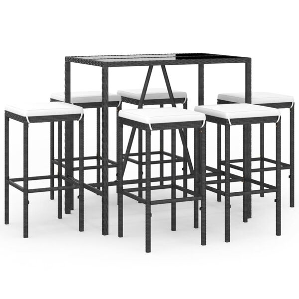 vidaXL 7 pcs conjunto de bar para jardim c/ almofad&otilde;es vime PE preto