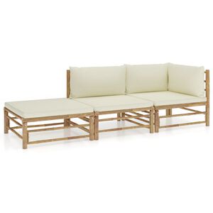 vidaXL 3 pcs conj. lounge p/ jardim em bambu c/ almofad&otilde;es branco nata
