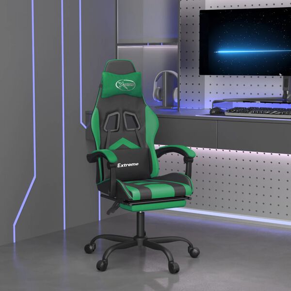 vidaXL Cadeira gaming c/ apoio p&eacute;s couro artificial preto e verde