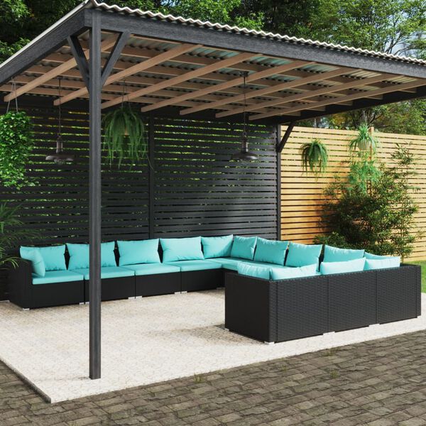 vidaXL 11 pcs conjunto lounge de jardim c/ almofad&otilde;es vime PE preto