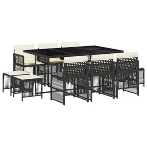 vidaXL 11 pcs conjunto de jantar p/ jardim c/ almofad&otilde;es vime PE preto