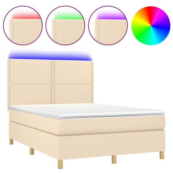 vidaXL Cama box spring c/ colch&atilde;o e LED 140x190 cm tecido cor creme
