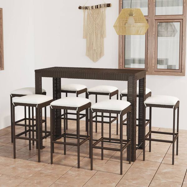 vidaXL 9 pcs conjunto de bar p/ jardim com almofad&otilde;es vime PE castanho