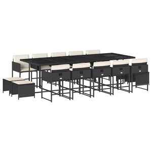 vidaXL 15 pcs conjunto de jantar p/jardim com almofad&otilde;es vime PE preto