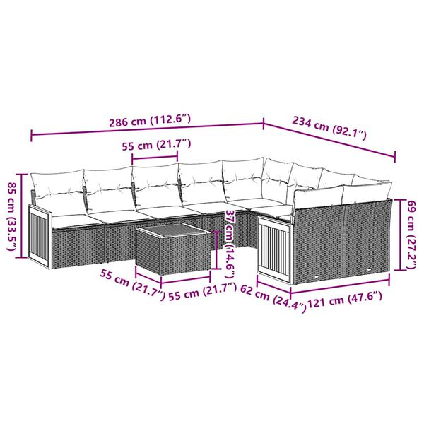vidaXL 10 pcs conjunto sofás de jardim c/ almofadões vime PE preto