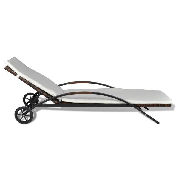 vidaXL Espreguiçadeira com almofadão e rodas vime PE castanho