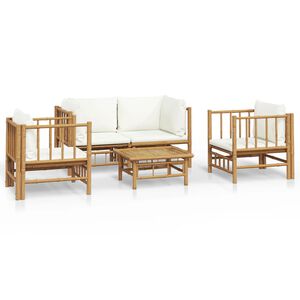 vidaXL 5 pcs conjunto lounge de jardim bambu c/ almofad&otilde;es branco nata