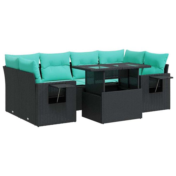 vidaXL 7 pcs conj. sof&aacute;s jardim c/ almofad&otilde;es vime PE/ac&aacute;cia preto