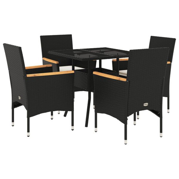 vidaXL 5 pcs conjunto jantar jardim c/ almofad&otilde;es vime PE/vidro preto
