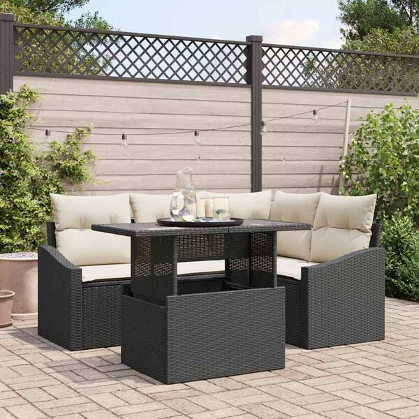 vidaXL Conjunto de Sof&aacute; de Jardim 5 pcs Preto e Creme vime PE