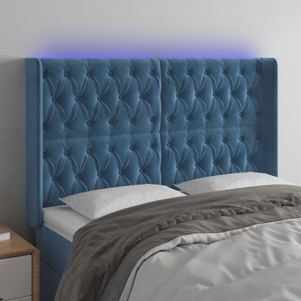vidaXL Cabeceira cama c/ luzes LED veludo 163x16x118/128cm azul-escuro