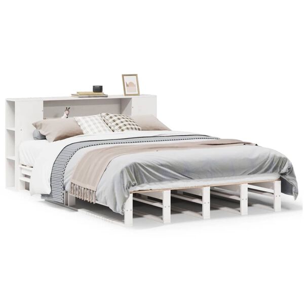 vidaXL Cama com estante sem colch&atilde;o 160x200 cm madeira maci&ccedil;a branco