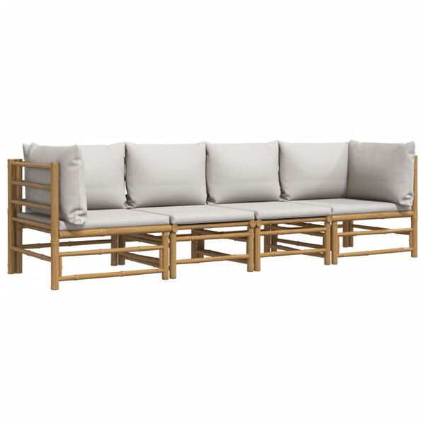 vidaXL 4 pcs conj. lounge de jardim bambu c/ almofadões cinzento-claro